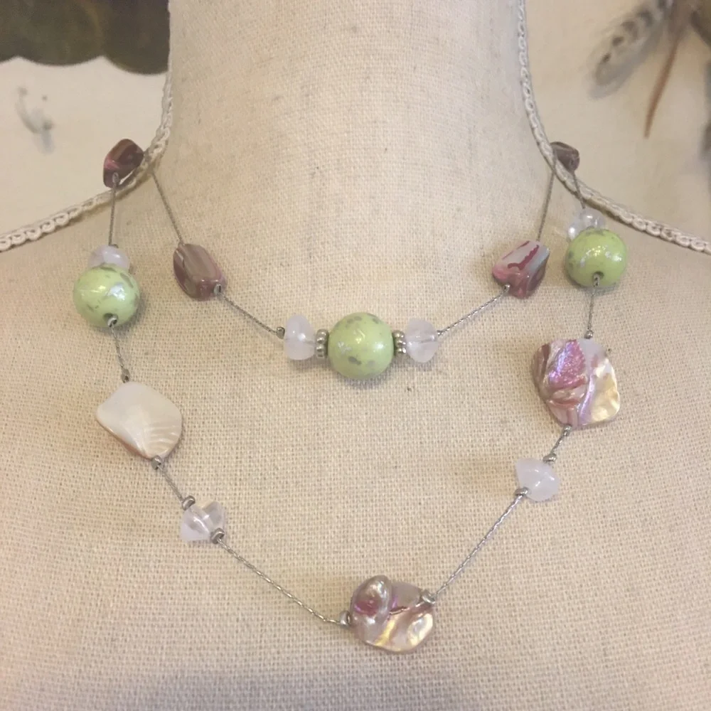 Layered double strand beaded silver chain necklace